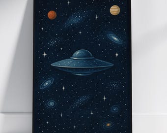 ヴィンテージの空飛ぶ円盤のイラスト、手描きの宇宙船アート（デジタル