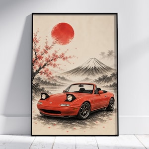 Mazda Miata Poster, Japanese Car Art Print, Sakura Wall Decor, JDM Landscape Artwork