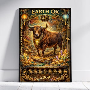Earth Ox Zodiac Art, Chinese Ox Poster, Eastern Astrology Wall Art 2069