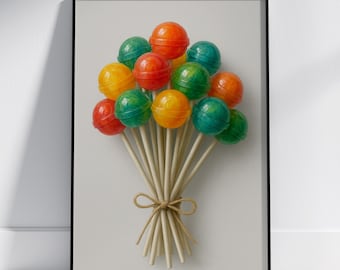 Arte de ramo de piruletas colorido, decoración de pared de dulces, ilustración pop divertida, póster con impresión minimalista dulce