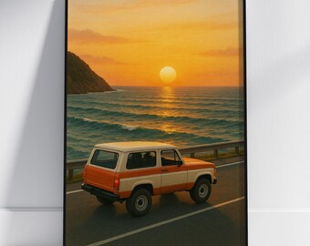 Coastal Sunset Car Wall Art, Vintage Road Trip Landscape Digital Print, Retro Home Decor