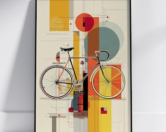 Art mural vélo Bauhaus, impression vélo abstrait, affiche moderne du milieu du siècle, déco cyclisme rétro