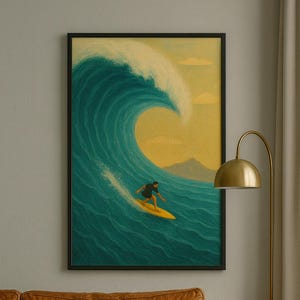 Surfer Wall Art Print, Ocean Wave Surf Poster, Beach Decor for Coastal Home, Tropical Wall Art, Water Sports Illustration, Wave Artwork