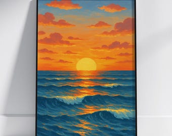 サンセットビーチの森のプリント、海の風景画（デジタルダウンロード