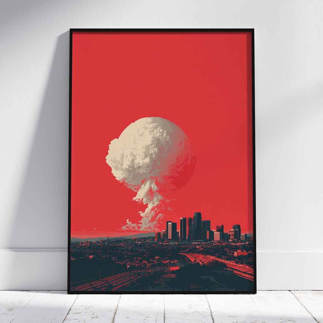Explosion Decor Los Angeles Skyline Explosion Art, Red Sky Cityscape Print, Nuclear ...