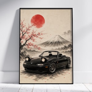 Può includere: Stampa artistica di un'auto cabriolet nera con un paesaggio giapponese. L'immagine presenta un sole rosso, una montagna innevata e un albero di ciliegio in fiore. L'auto è parcheggiata vicino a un lago.