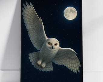 Flying Owl Moon Art, Night Sky Wildlife Illustration, Magical Nature Wall Decor