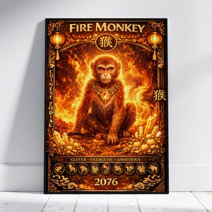 Może przedstawiać: Oprawiony plakat przedstawiający Ognistą Małpę z chińskiego zodiaku. Obraz przedstawia małpę na tle ognistego tła, z tekstem "Fire Monkey" i "Chinese Zodiac". Plakat zawiera również rok 2076 oraz słowa "Clever, Energetic, Ambitious."