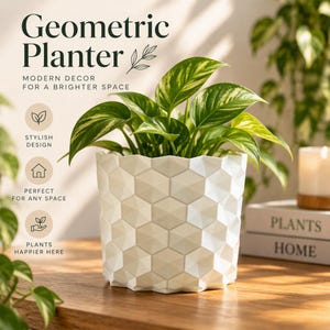 May include: A white cylindrical planter with a raised geometric hexagonal pattern on the exterior. The planter contains a green and yellow variegated pothos plant. Text on the image reads Geometric Planter, Modern Decor For A Brighter Space.