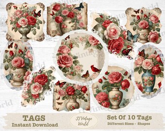Vintage Roses Shabby Chic Tags: Scrapbook DIY (Digital Download)