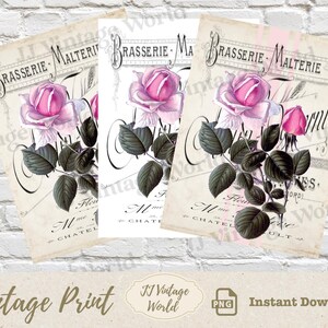 French Vintage Pink Rose Digital Print , Junk Journal Background , Shabby Chic Digital Paper
