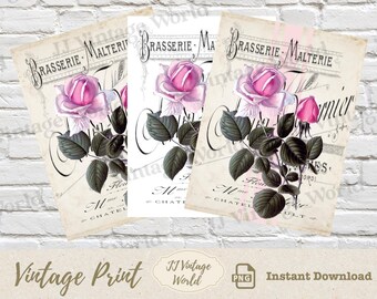 May include: Three vintage printable images featuring a pink rose with green leaves and the text "Brasserie - Malterie" in a decorative script font.