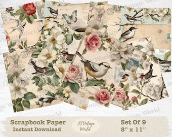 Vintage Floral Scrapbook Paper: Shabby Chic DIY Set (Digital Download)