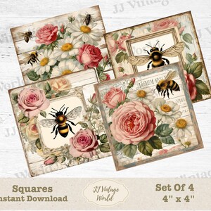 Vintage Shabby Chic Bee & Flowers Digital Download , Set of 4 ,  4&quot;x4&quot; Squares ,  DIY, Junk Journals, Scrapbooking, Instant Download