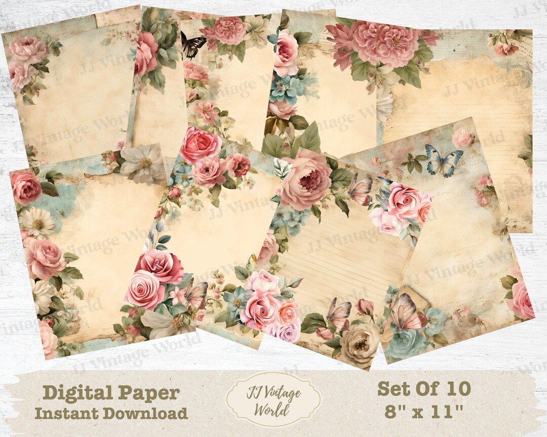 Vintage Paris Digital Paper Set: Shabby Chic Eiffel Tower Floral ...