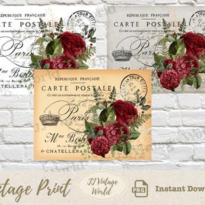 Vintage Franse ansichtkaart met rode rozen, set van 3 digitale downloads, Shabby Chic Junk Journal Efemere