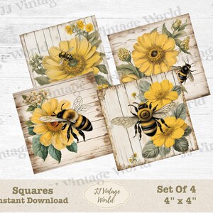 Vintage Shabby Chic Biene und Blumen digitaler Download, 4 &quot;x4&quot; Quadrate, DIY, Junk Journals, Scrapbooking, Instant Download