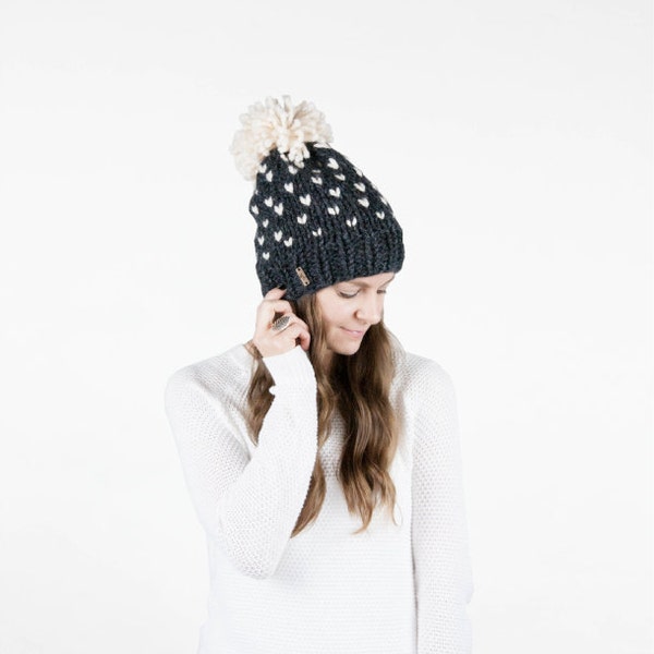 Fair Isle Knit Hat, Slouchy Winter Hat With Pom Pom, Ski Hat / THE ALPINE / Charcoal Grey and Fisherman