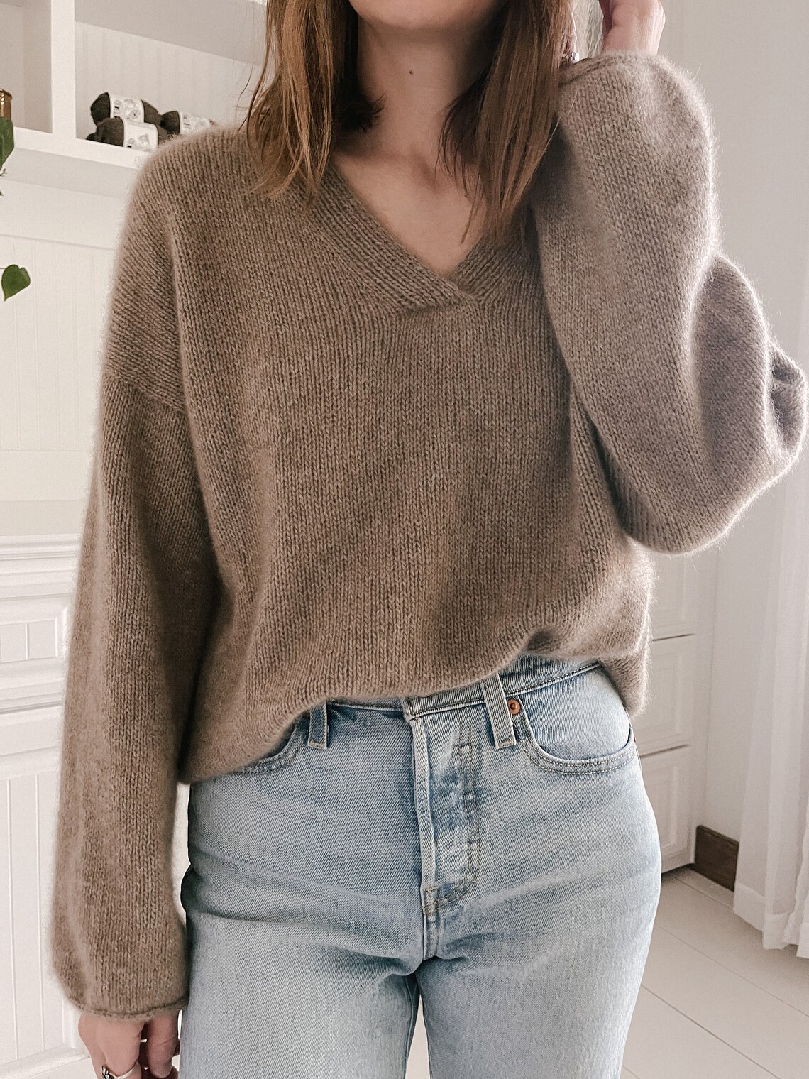 V-Neck Geometric Patterned Knit Sweater