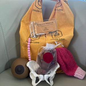 May include: An assortment of items related to childbirth education. Includes a yellow tote bag with "Doula Love" text, a clear card holder with text, a brown breast model, a pelvic bone model, a doll, and a pink knitted item.