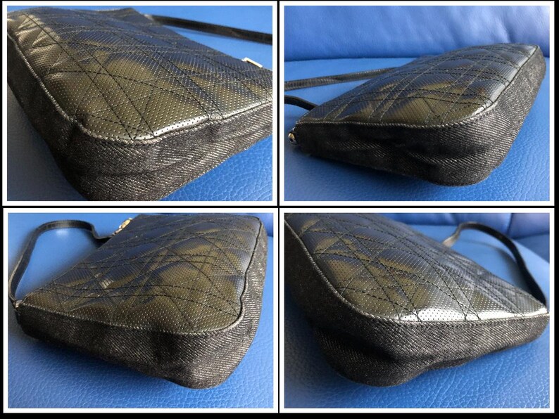 May include: A black quilted leather shoulder bag with a denim trim. The bag has a flap closure and a chain strap.