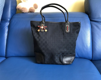 Gucci GG Princey Canvas Tote Bag Black Leather