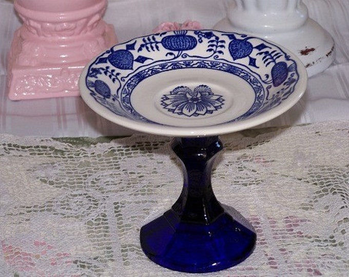 Blue Cupcake Stand Pedestal Dessert Plate Stand Etsy