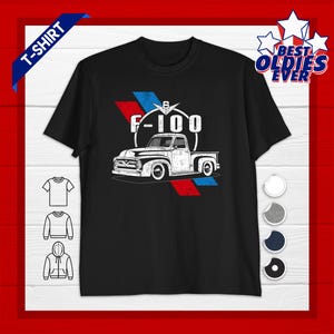 May include: Black t-shirt with a vintage illustration of a classic F-100 pickup truck. The design includes the text "F-100" and "Best Oldies Ever" in white, with red and blue accents. A T-shirt with a retro automotive theme.