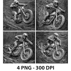 Dirt Bike Racer Rider Biker Motorcycle 3D Illusion Laser File PNG Slate Engrave Coaster Xtool Wood Black White Glowforge LightBurn Co2 Cnc