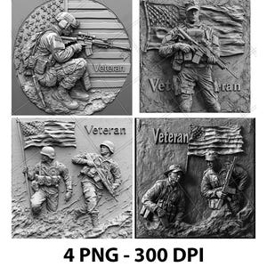 May include: Four black and white images of military veterans with the word "Veteran" on each image. The images feature soldiers in various poses, including one holding a rifle, one holding a flag, and two walking together.