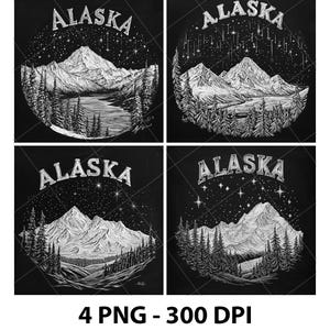 May include: Four black and white illustrations of a mountain range with the word "Alaska" written in a stylized font above the mountains. Each illustration features a different arrangement of stars and a different view of the mountain range.