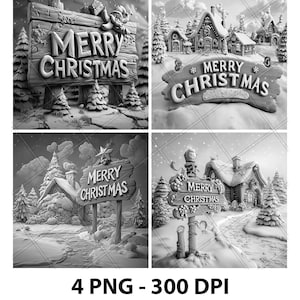 Winter sneeuw vrolijk kerstfeest 3D illusie laserbestand PNG leisteen graveren onderzetter etsen Xtool houtverbranding zwart wit Glowforge LightBurn Co2 CNC