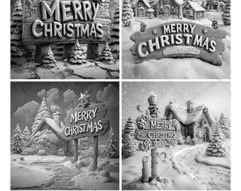Winter Snow Merry Christmas 3D Illusion Laser File PNG Slate Engrave Coaster Etch Xtool Wood Burn Black White Glowforge LightBurn Co2 Cnc