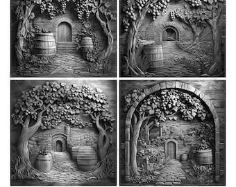 Garden Grapes Garden Vineyard 3D Illusion Laser File PNG Slate Engrave Coaster Etch Xtool Wood Burn Black White Glowforge LightBurn Co2 Cnc