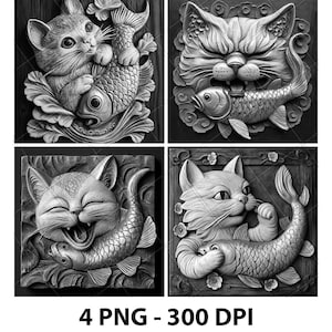 Cat and Fish Kitten Eating Fish Meal 3D Illusion Laser File PNG Slate Engrave Coaster Xtool Wood Black White Glowforge LightBurn Co2 Cnc