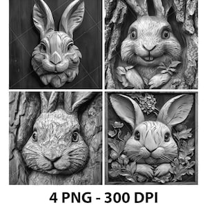 Fichier laser illusion 3D visage de lapin des bois PNG gravure sous-bock Xtool gravure sur bois noir blanc Glowforge LightBurn Co2