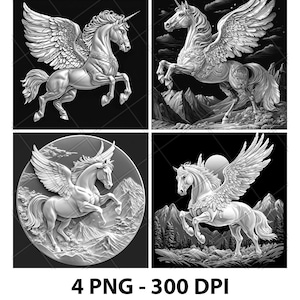 Mystical Flying Horse Laser Engraving Files Pegasus Slate Engrave PNG Design Digital Download Tiles Grayscale Model Wood Pattern Print Image