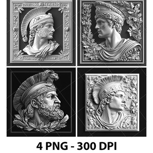 May include: Four black and white images of Roman busts in ornate frames. Each bust is of a different person wearing a helmet and laurel wreath.
