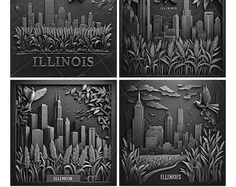 Illinois US State Chicago Willis Tower Laser Engraving File Slate PNG Coaster Etch Xtool Wood  Black White Cnc Glowforge Light CO2