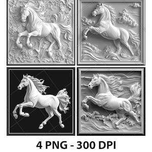 Mustang Stag Running Horse 3D Illusion Laser File PNG Slate Engrave Coaster Etch Xtool Wood Burn Black White Glowforge LightBurn Co2 Cnc