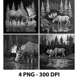 Moose in a Pond Deer Jungle Forest Wild 3D Illusion Laser File PNG Slate Engrave Coaster Xtool Wood Black White Glowforge LightBurn Co2 Cnc