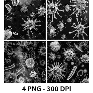 May include: Black and white illustration of various microscopic organisms, including viruses and bacteria, arranged in a grid. The image includes the text "4 PNG - 300 DPI" at the bottom.