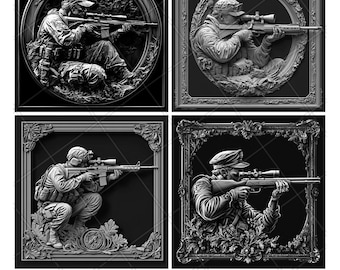 Archivos de grabado láser de francotirador de la Segunda Guerra Mundial. Francotirador de guerra. Pizarra. Grabado. Diseño PNG. Descarga digital. Modelo en escala de grises. Patrón de madera. Imagen impresa. Regalo.