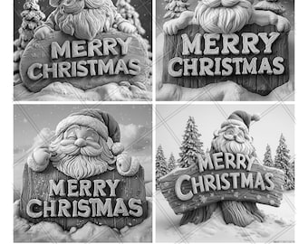 Winter Merry Christmas Santa 3D Illusion Laser File PNG Slate Engrave Coaster Etch Xtool Wood Burn Black White Glowforge LightBurn Co2 Cnc
