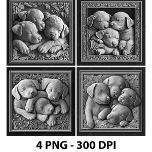Cute Puppies Sleeping Dogs 3D Illusion Laser File PNG Slate Engrave Coaster Etch Xtool Wood Burn Black White Glowforge LightBurn Co2 Cnc