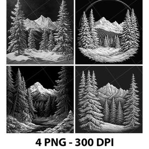 Può includere: Quattro immagini di paesaggi in bianco e nero con scene di montagne innevate e pini. Le immagini sono quadrate, con il testo "4 PNG - 300 DPI" in basso.