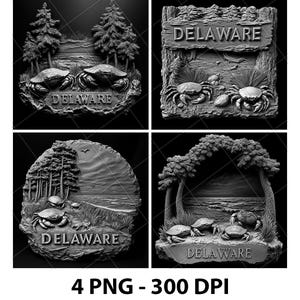 Delaware Horseshoe Crabs Pine Trees 3D Illusion Laser File PNG Slate Engrave Coaster Etch Xtool Wood Burn Black White Glowforge LightBurn