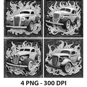 Vintage sportwagen vlammen Gangster Race 3D illusie laserbestand PNG leisteen graveren Coaster Xtool hout zwart wit Glowforge LightBurn Co2 CNC