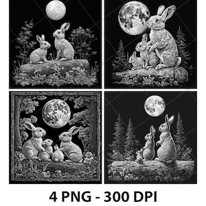 Kaninchen Hase Wald Wald 3D Illusion Laser Datei PNG Schiefer Gravur Untersetzer Etch Xtool Holz brennen Schwarz Weiß Glowforge LightBurn Co2