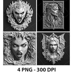 Halloween Mistress Weiblicher Vampir 3D Illusion Laser Datei PNG Schiefer Gravur Untersetzer Etch Xtool Holz brennen Schwarz Weiß Glowforge LightBurn Co2
